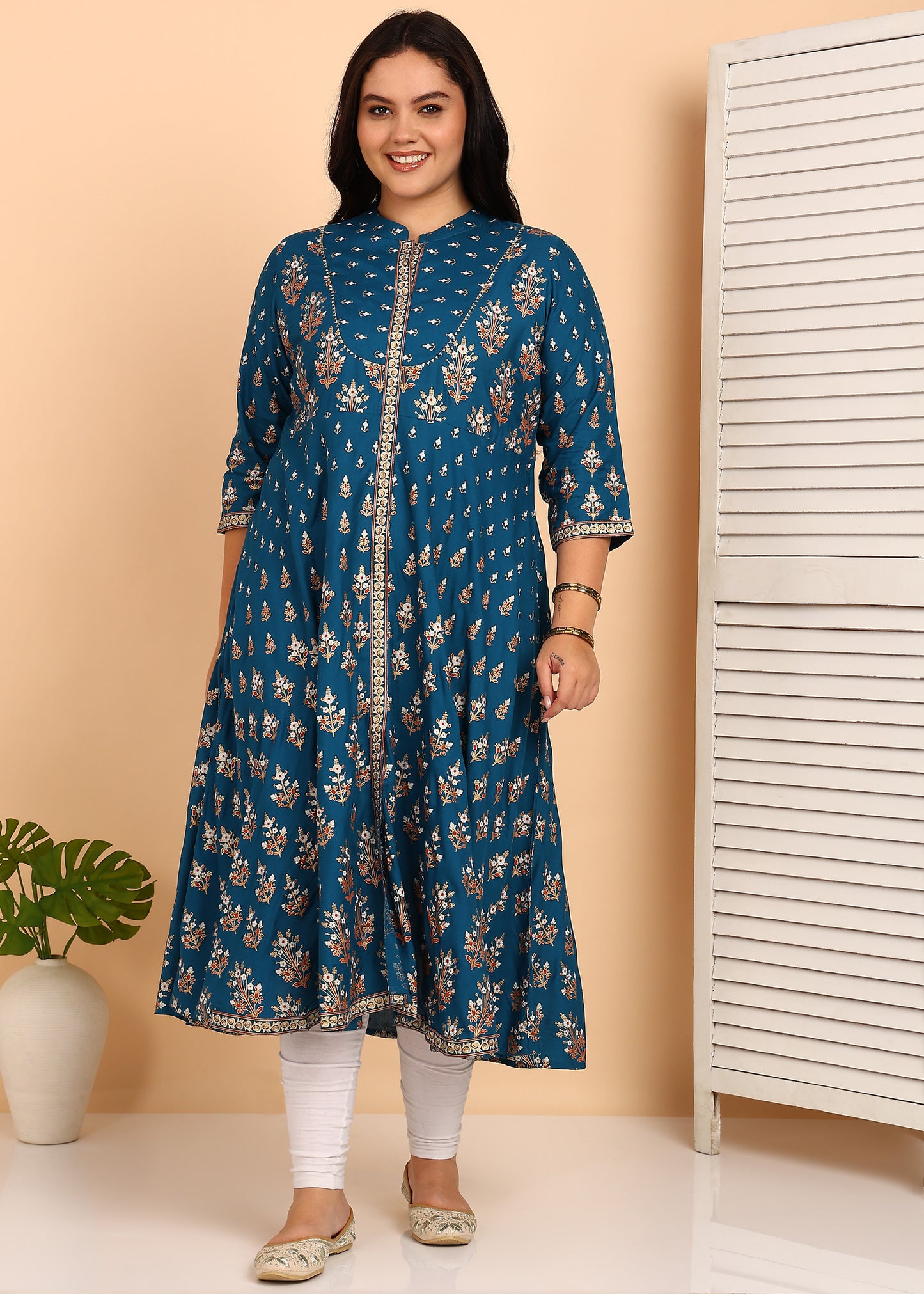 YASH GALLERY Women's Plus Size Rayon Floral Printed Anarkali Kurta (Teal)