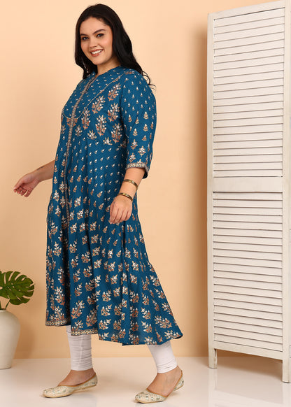 YASH GALLERY Women's Plus Size Rayon Floral Printed Anarkali Kurta (Teal)
