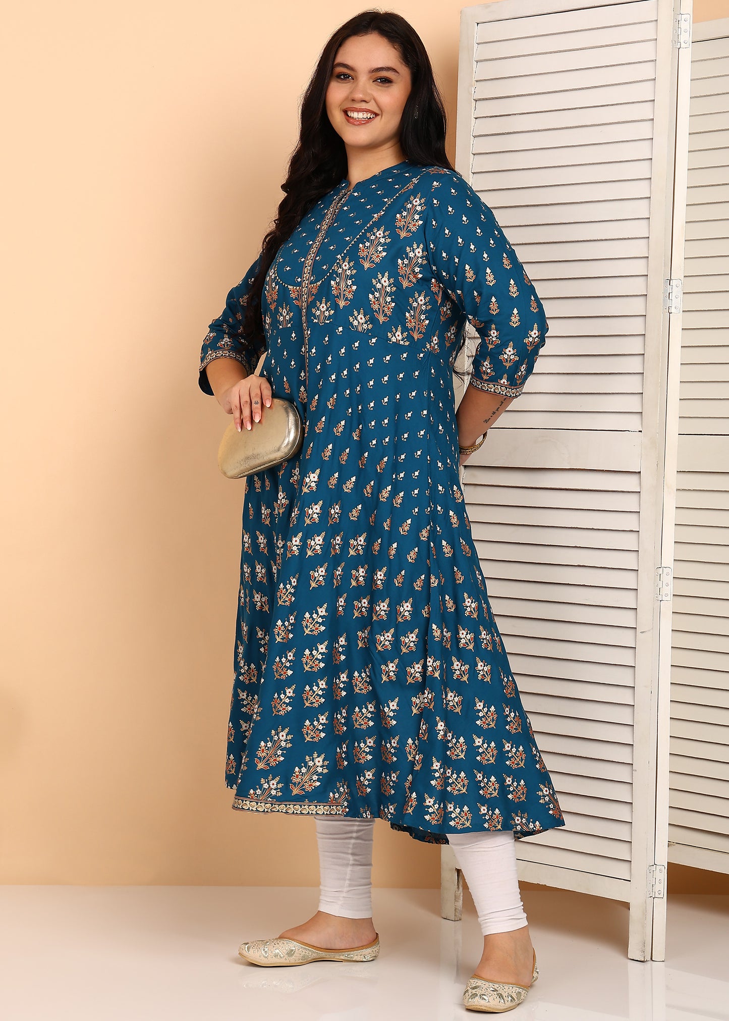 YASH GALLERY Women's Plus Size Rayon Floral Printed Anarkali Kurta (Teal)