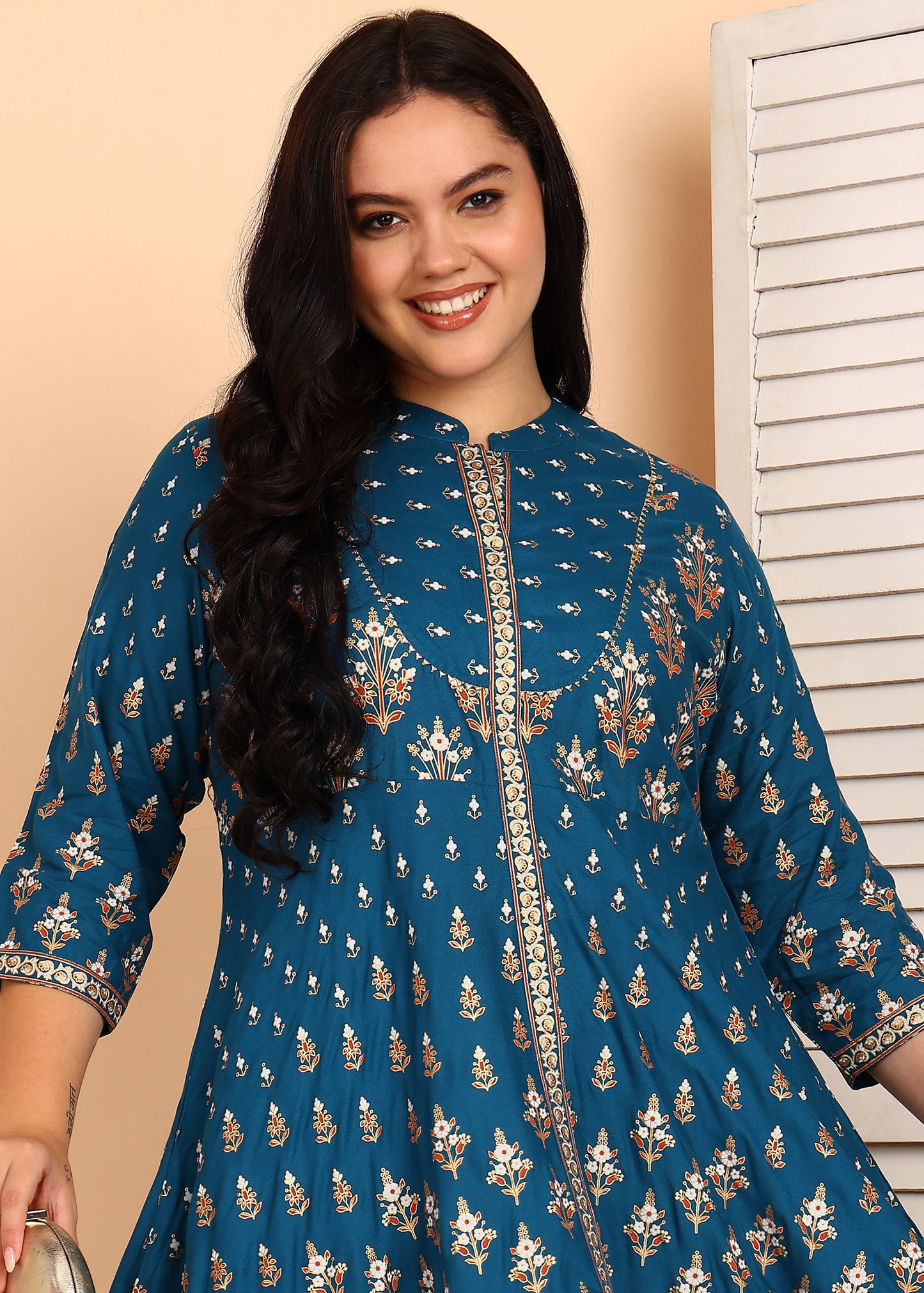 YASH GALLERY Women's Plus Size Rayon Floral Printed Anarkali Kurta (Teal)