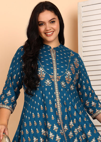 YASH GALLERY Women's Plus Size Rayon Floral Printed Anarkali Kurta (Teal)