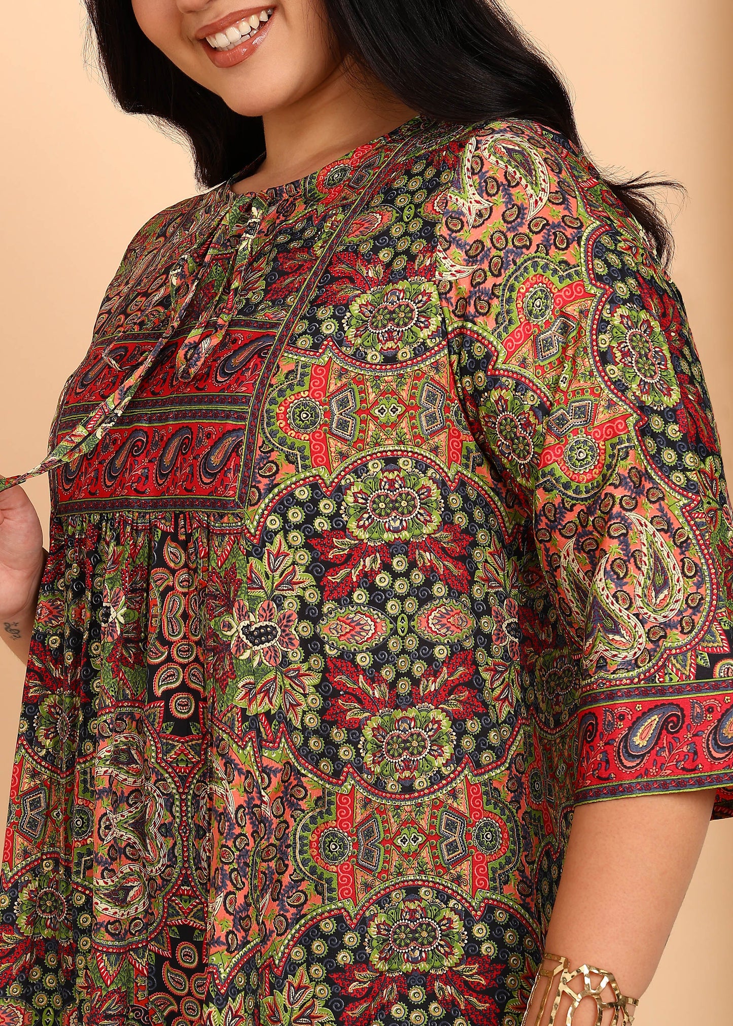 Yash Gallery Women’s Microfiber Printed A-Line Kurti with 3/4 Sleeves