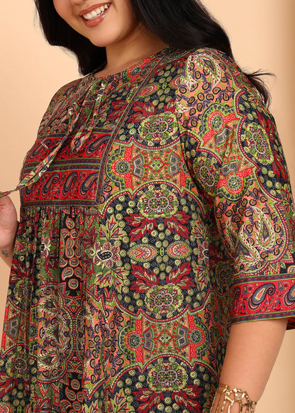 Yash Gallery Women’s Microfiber Printed A-Line Kurti with 3/4 Sleeves