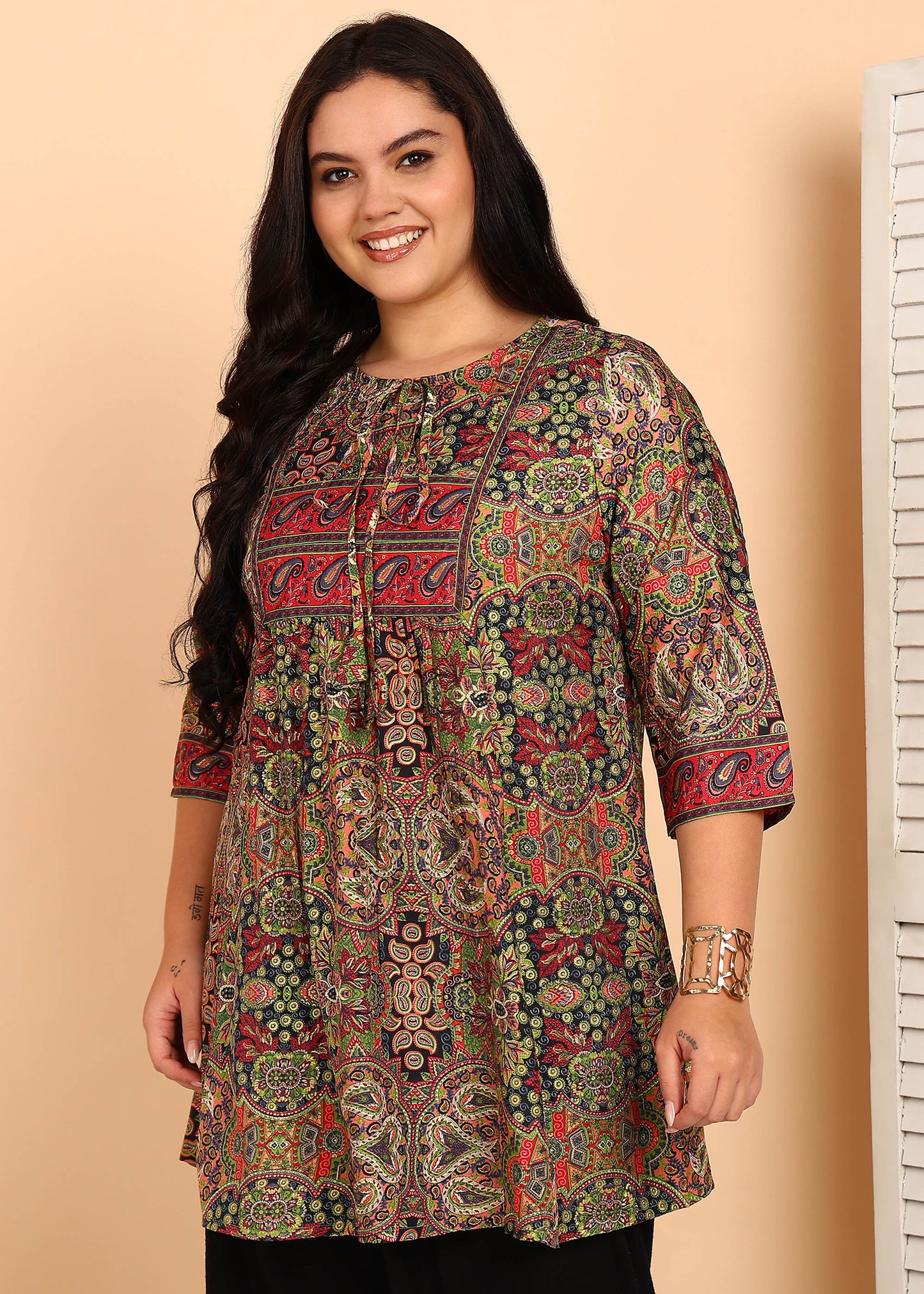 Yash Gallery Women’s Microfiber Printed A-Line Kurti with 3/4 Sleeves