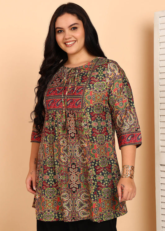 Yash Gallery Women’s Microfiber Printed A-Line Kurti with 3/4 Sleeves