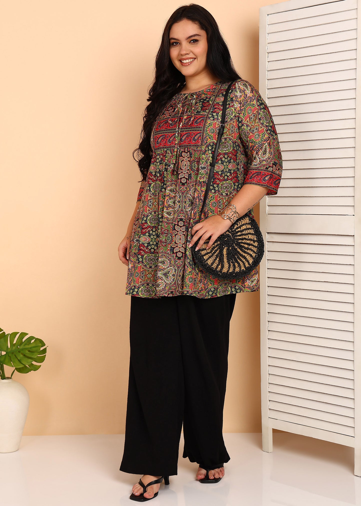 Yash Gallery Women’s Microfiber Printed A-Line Kurti with 3/4 Sleeves