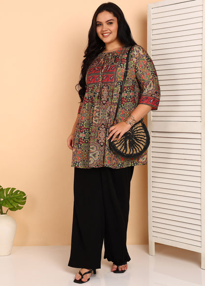 Yash Gallery Women’s Microfiber Printed A-Line Kurti with 3/4 Sleeves