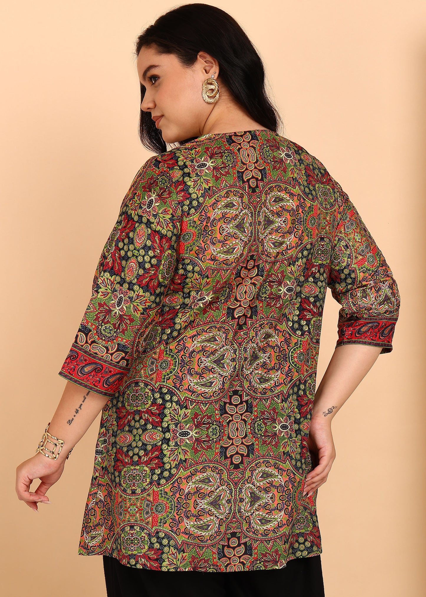 Yash Gallery Women’s Microfiber Printed A-Line Kurti with 3/4 Sleeves