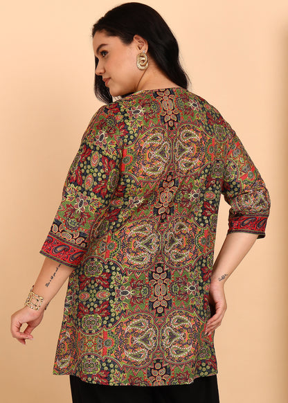 Yash Gallery Women’s Microfiber Printed A-Line Kurti with 3/4 Sleeves