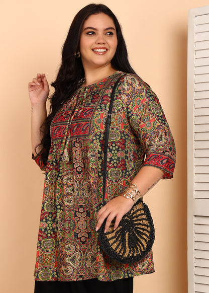 Yash Gallery Women’s Microfiber Printed A-Line Kurti with 3/4 Sleeves