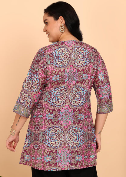Yash Gallery Women’s Plus Size Wrinkle-Free Digital Print Kurti with Keyhole Neck & 3/4 Sleeves