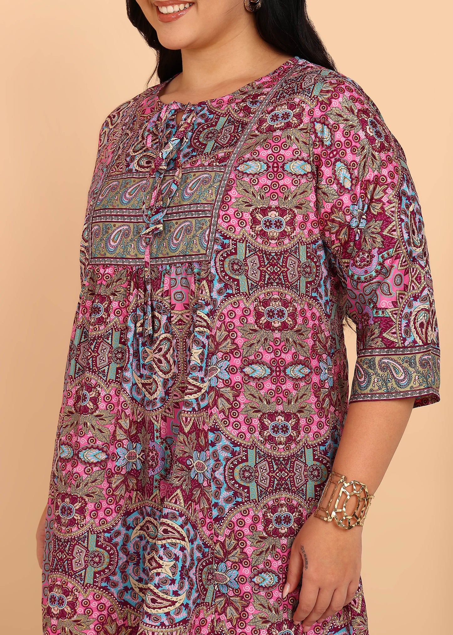 Yash Gallery Women’s Plus Size Wrinkle-Free Digital Print Kurti with Keyhole Neck & 3/4 Sleeves