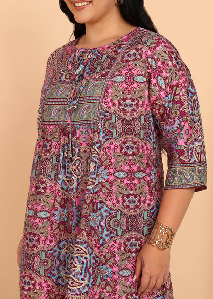 Yash Gallery Women’s Plus Size Wrinkle-Free Digital Print Kurti with Keyhole Neck & 3/4 Sleeves