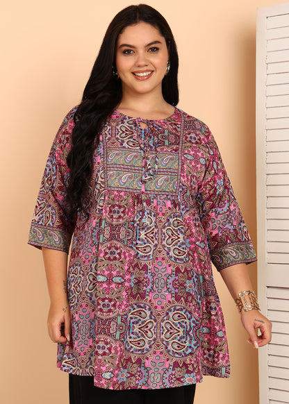Yash Gallery Women’s Plus Size Wrinkle-Free Digital Print Kurti with Keyhole Neck & 3/4 Sleeves