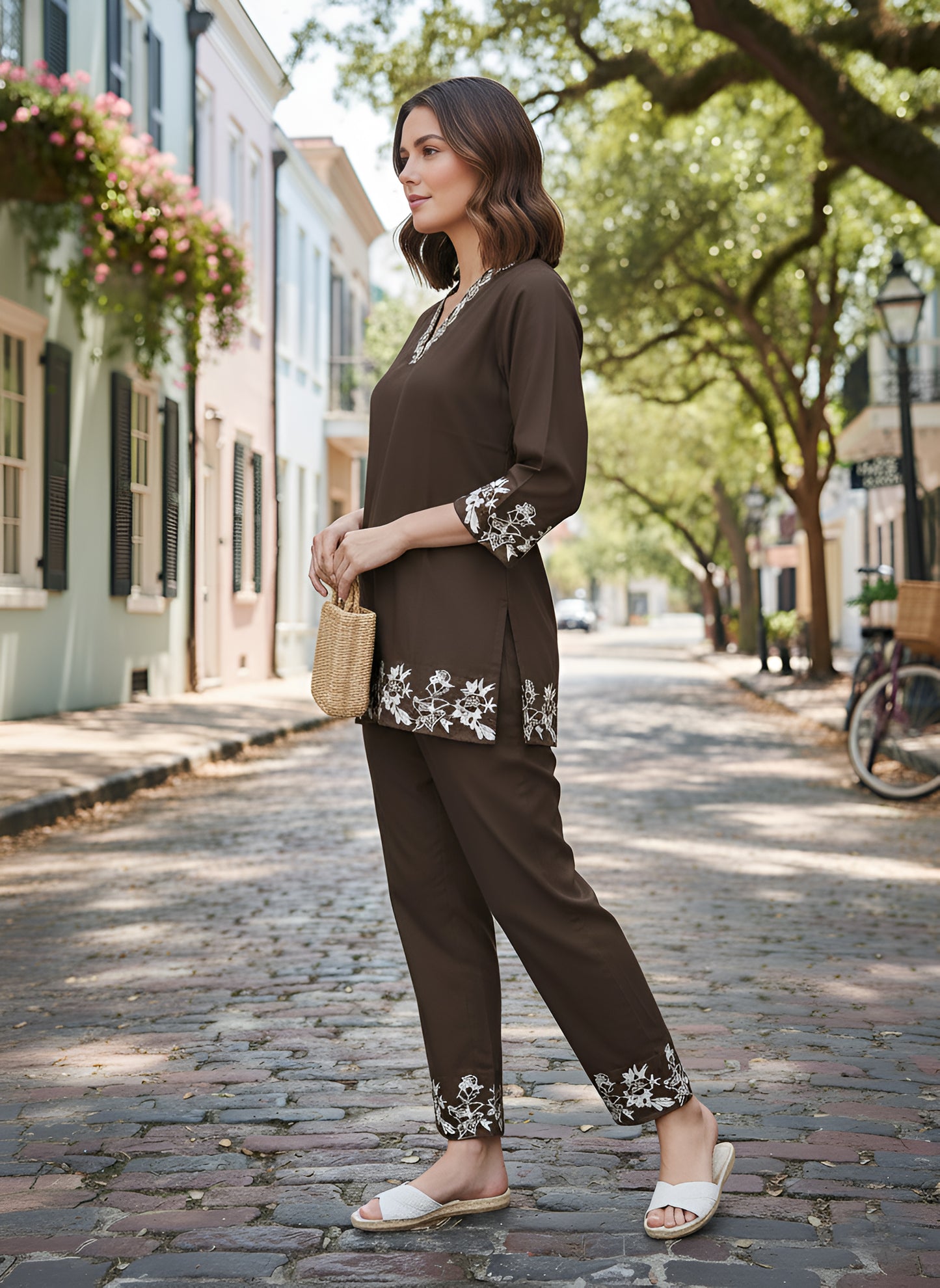 Yash Gallery Women’s Rayon Embroidered Co-ord Set, V-Neck, 3/4 Sleeves, Contrast Floral Thread Embroidery on Neck, Cuffs, Top Hem & Trouser Hem (Brown)
