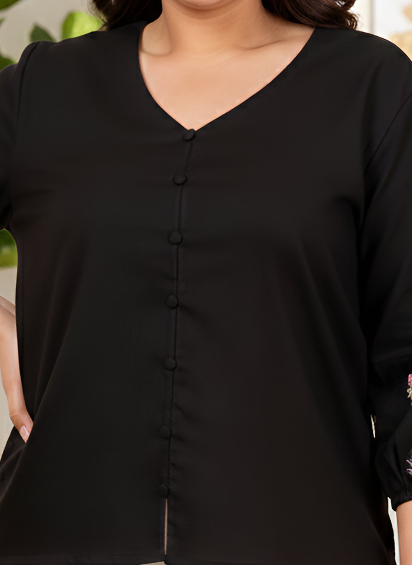 Yash Gallery Women’s Cotton Slub Fabric Top with V-Neckline & Embroidered Sleeves (Black)
