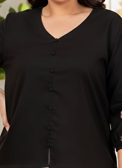 Yash Gallery Women’s Cotton Slub Fabric Top with V-Neckline & Embroidered Sleeves (Black)