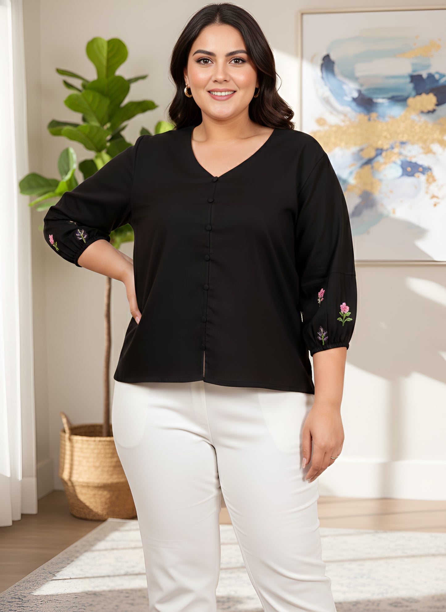 Yash Gallery Women’s Cotton Slub Fabric Top with V-Neckline & Embroidered Sleeves (Black)