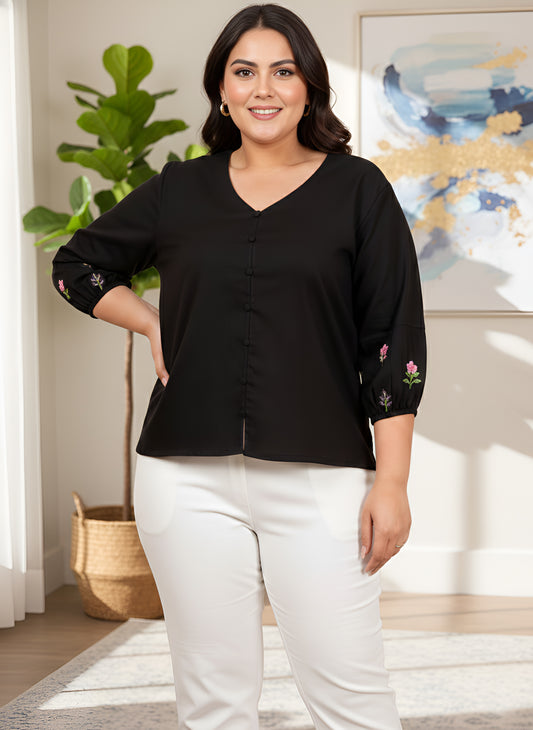 Yash Gallery Women’s Cotton Slub Fabric Top with V-Neckline & Embroidered Sleeves (Black)