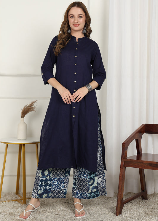 Women's Cotton Slub Solid Straight Kurta with Patchwork Print Palazzo Set (Maroon)