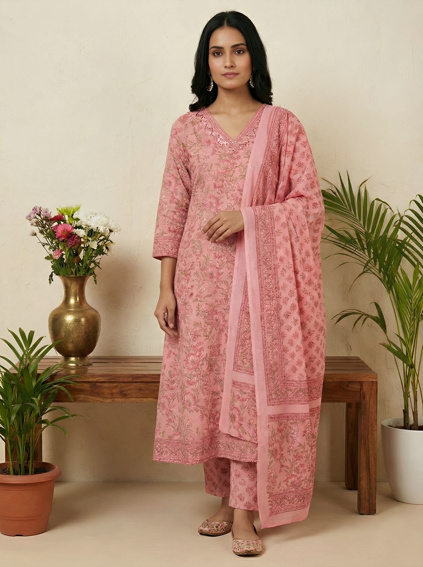 Yash Gallery Women’s Cotton Floral Print, Sequinned & Embroidered Anarkali Kurta & Pant with Dupatta Set