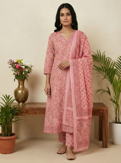 Yash Gallery Women’s Cotton Floral Print, Sequinned & Embroidered Anarkali Kurta & Pant with Dupatta Set