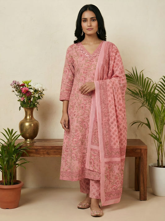 Yash Gallery Women’s Cotton Floral Print, Sequinned & Embroidered Anarkali Kurta & Pant with Dupatta Set