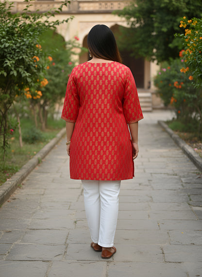 Yash Gallery Women’s Cotton Gold Block Print V-Neck and 3/4 Sleeves Wrap Style Kurti