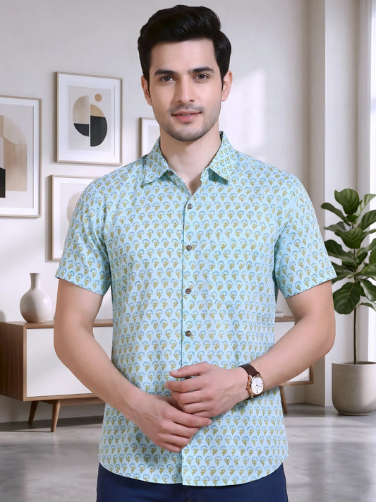 Yash Gallery Men's Cotton Cambric Handblock Print Regular Shirt