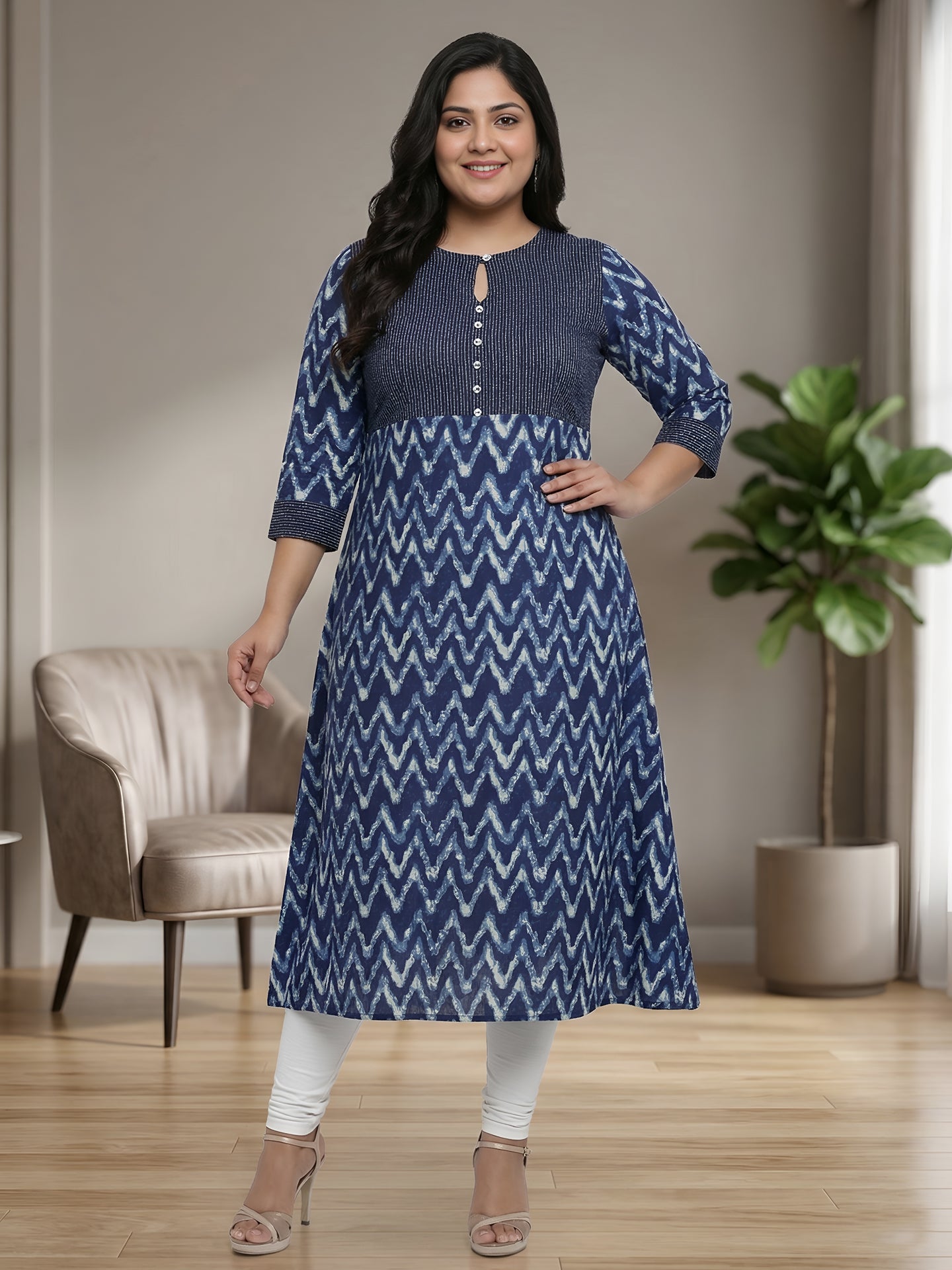 Cotton Chevron Print Kaantha Work A-line Kurta (Blue)