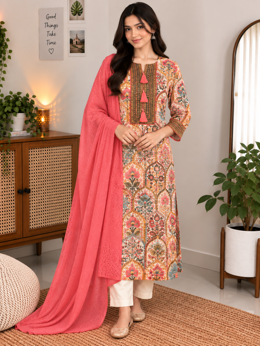 Yash Gallery Women's Microfiber Printed Plus Size Kurta Pant & Chiffon Dupatta Set