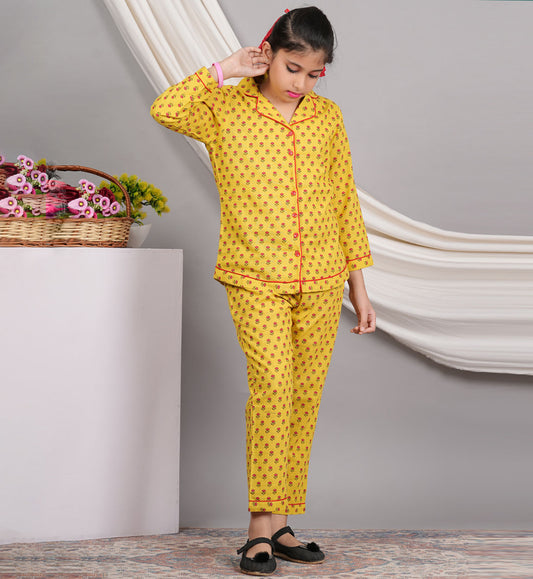 yash gallery kids cotton slub floral printed night suityellow