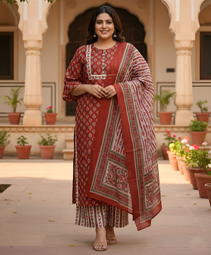 Yash Gallery Women’s Rayon Floral Print Straight Kurta & Printed Pants with Dupatta Set (Maroon)