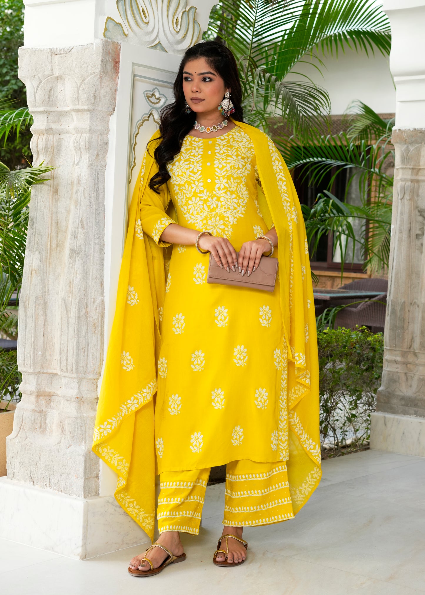 Yash Gallery Women’s Rayon Kurta Printed Chikankari Motifs with Dupatta and Plazzo , Round Neck, 3/4 Sleeves (Yellow)
