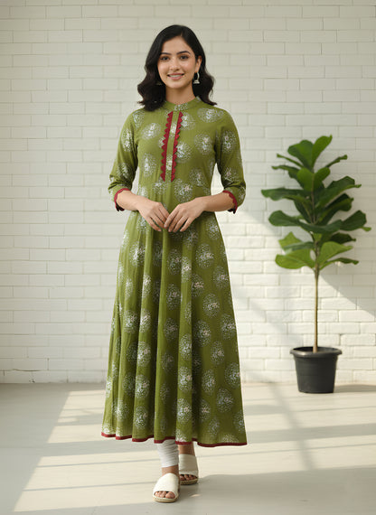 Yash Gallery Women's Cotton Relaxed Fit Anarkali Kurta (Green)