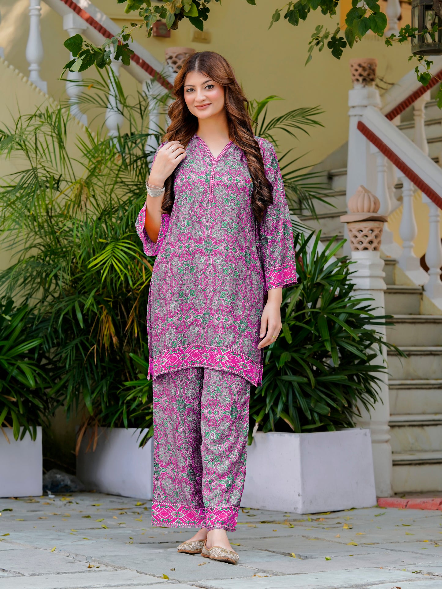 Yash Gallery Women’s Wrinkle-Free Digital Print Collared Neck Top with 3/4 Sleeves & Matching Palazzo Pants Co-ords Set