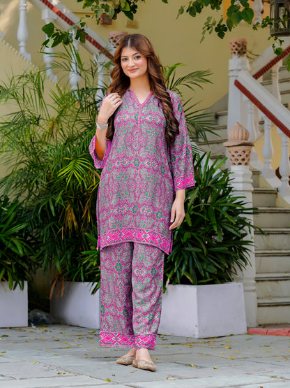 Yash Gallery Women’s Wrinkle-Free Digital Print Collared Neck Top with 3/4 Sleeves & Matching Palazzo Pants Co-ords Set