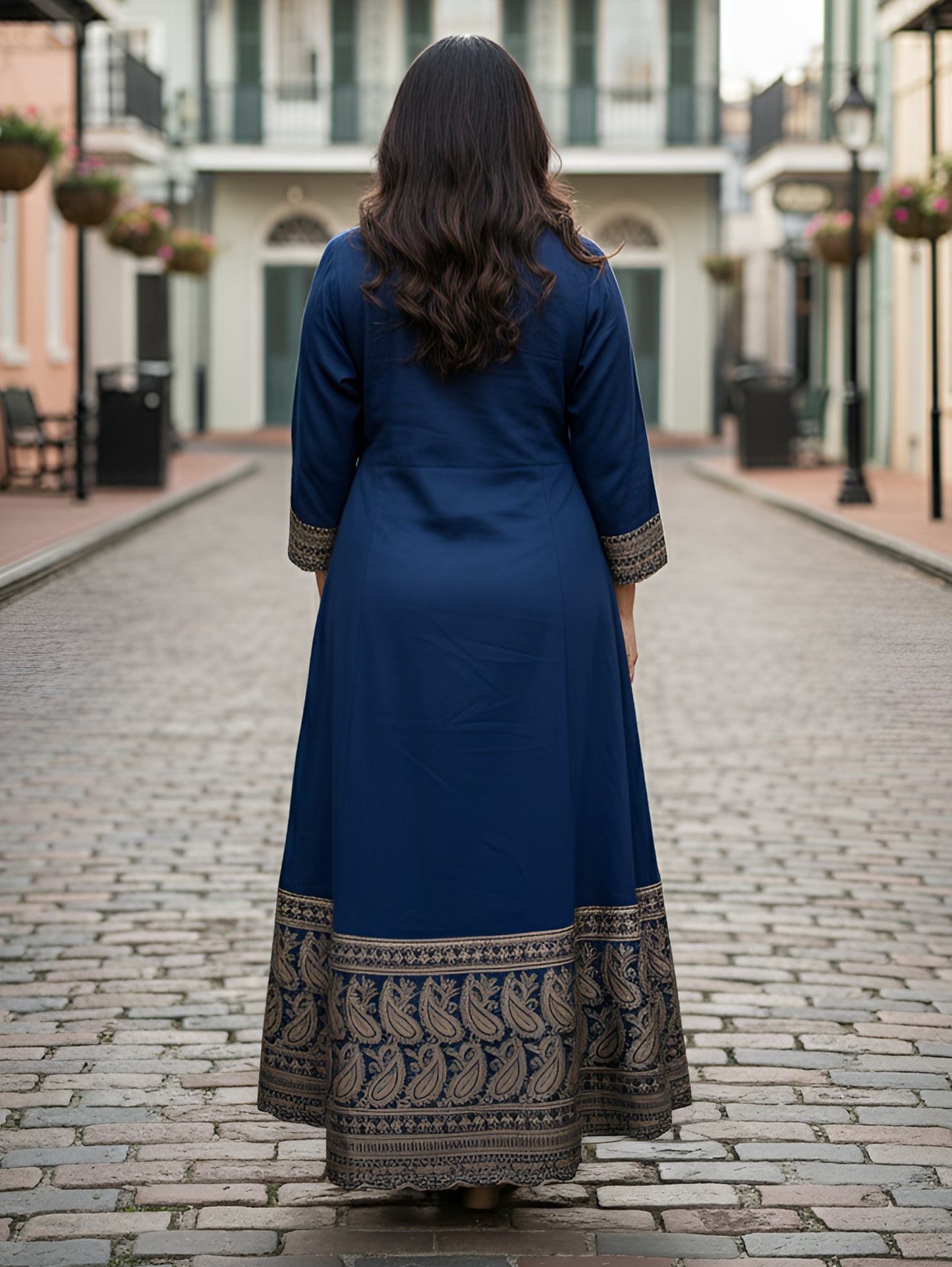 Yash Gallery Women’s Navy Blue Rayon Kurta with Golden Foil Print, 3/4th Sleeves (Navy Blue)