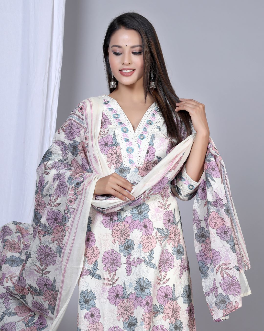 Yash Gallery Women's Floral Printed Embroidered Kurta with Pant & Dupatta Set
