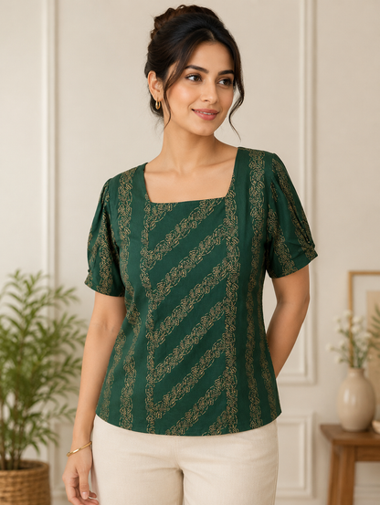Women's Rayon Golden Floral Printed Casual Ethnic Western Fusion Top for Girls & Women
