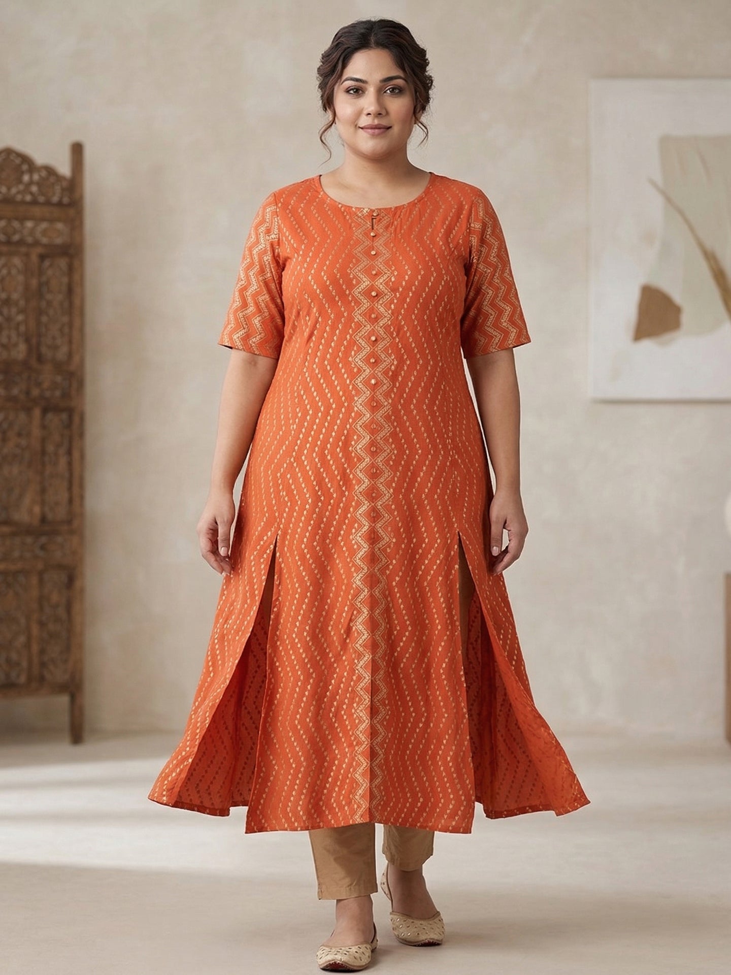 Yash Gallery Women's Rayon Zig-Zag Gold Print Anarkali Kurta Plus Size (Orange)