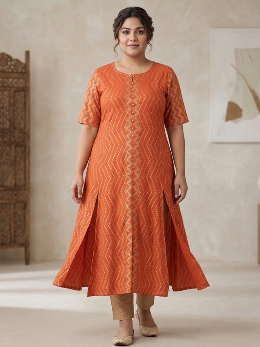 Yash Gallery Women's Rayon Zig-Zag Gold Print Anarkali Kurta Plus Size (Orange)