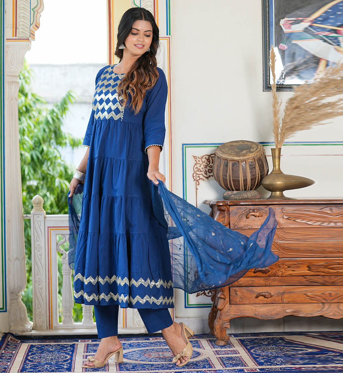 YASH GALLERY Women's Blue Embroidered Tiered Kurta Set with Dupatta ...