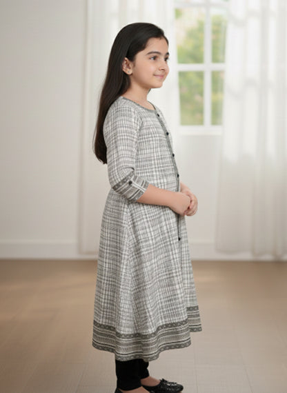 Yash Gallery Kids Cotton Slub Geomatrical Printed Rayon Anarkali Kurta (Off White)