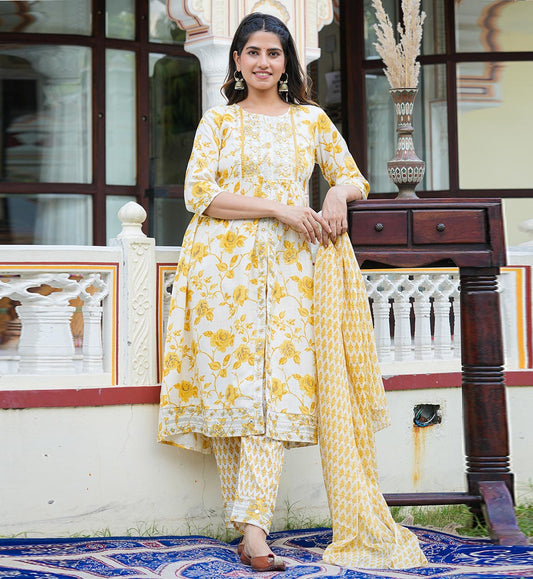 YASH GALLERY Women's Yellow Floral Printed Embroidered Anarkali Kurta with Pant & Dupatta