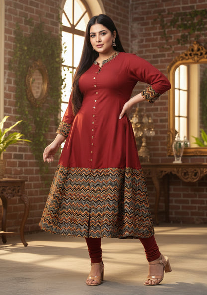 Rayon & Cotton Cambric Zig-Zag Printed A-line Kurta Plus Size