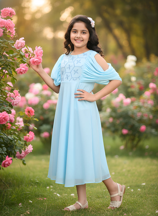 Yash Gallery Kids Georgette Floral Embroidered Anarkali Dress (SkyBlue)