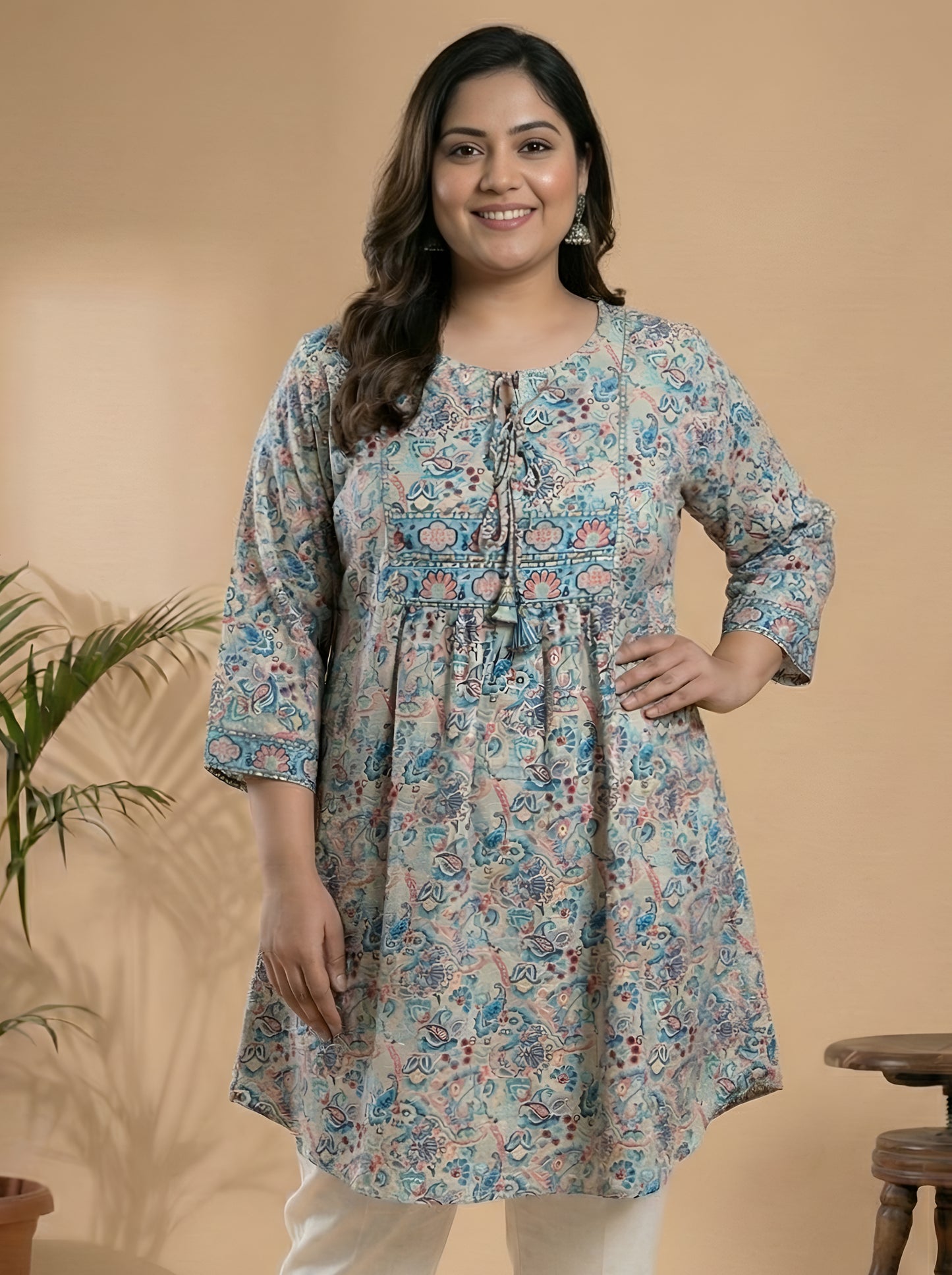 Yash Gallery Women’s Microfiber Printed Short Kurta Tie-Up Keyhole Neck, 3/4 Sleeves (Multi)