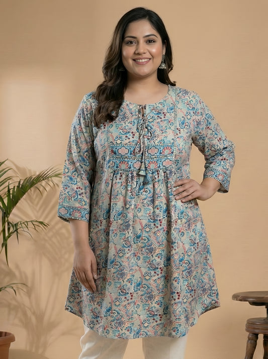 Yash Gallery Women’s Microfiber Printed Short Kurta Tie-Up Keyhole Neck, 3/4 Sleeves (Multi)