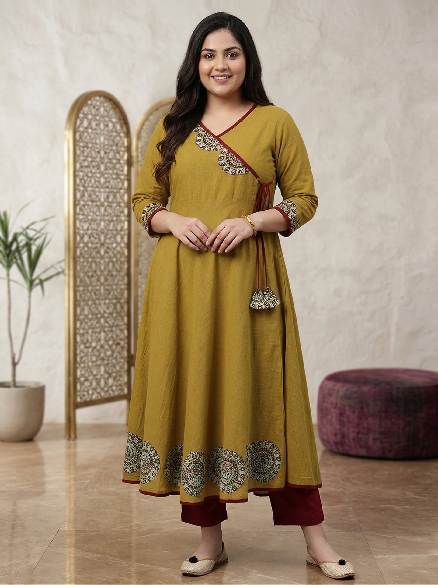 Yash Gallery Women's Cotton Slub Patch Work Angrakha Kurta Plus Size